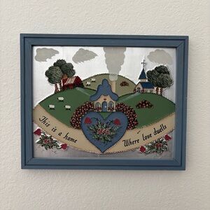 Vintage Framed Tin Metal Punched Wall Folk Art with Heart and Landscape